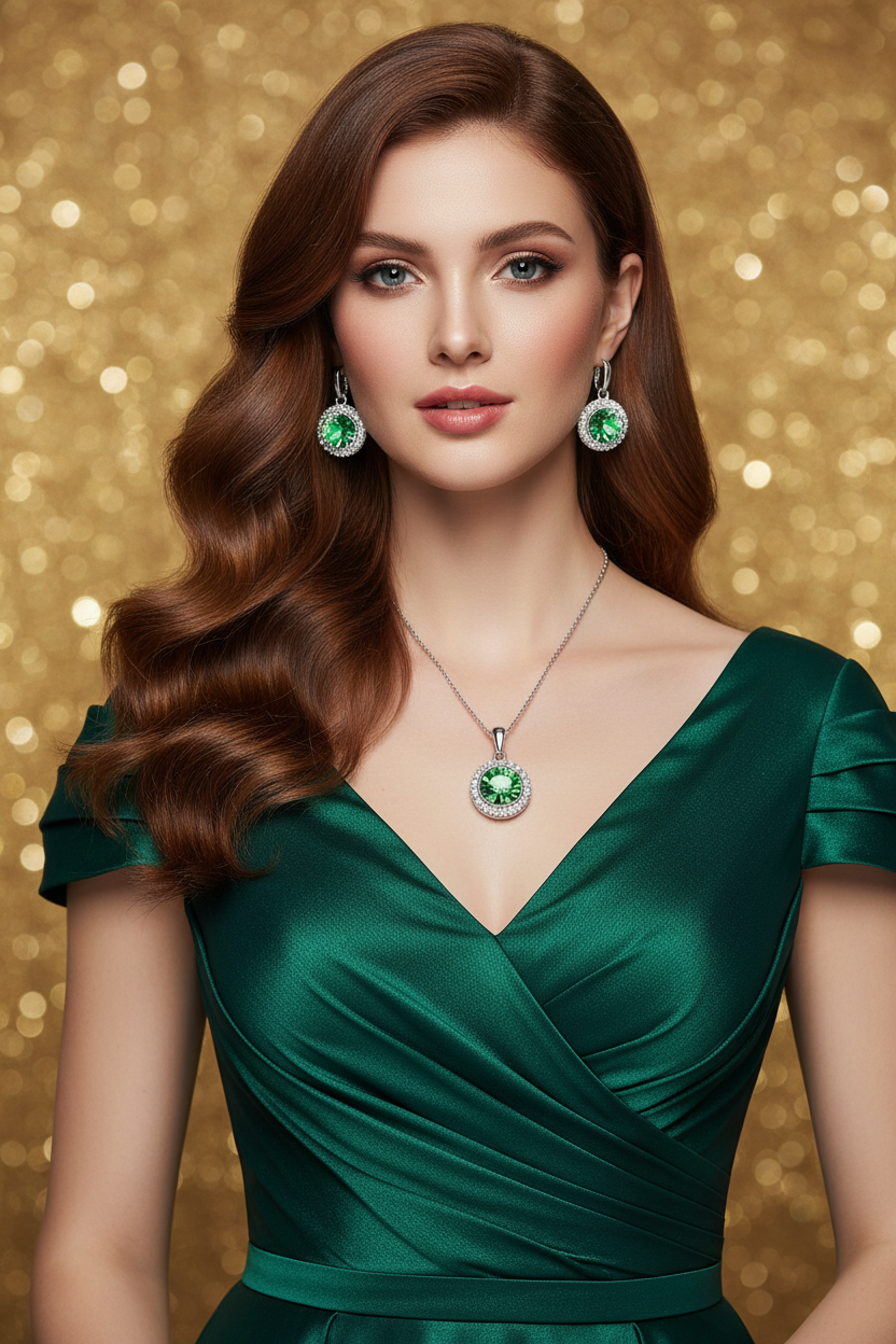 Color jewelry set with green round pendant necklace, green earrings and matching bracelet
