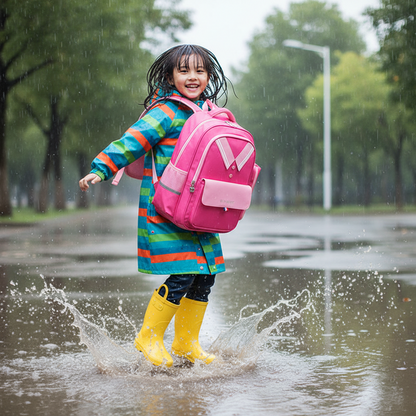Children's waterproof backpack in bright pink with front pocket and top handle, front view