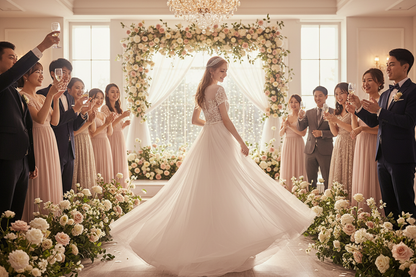 White lace bridal dress with short sleeves and extended tulle train tapering at the hem