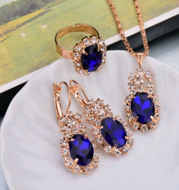 Water Drop Color Diamond Necklace, Earrings, Rings Set, Shiny High-end Bridal Jewelry