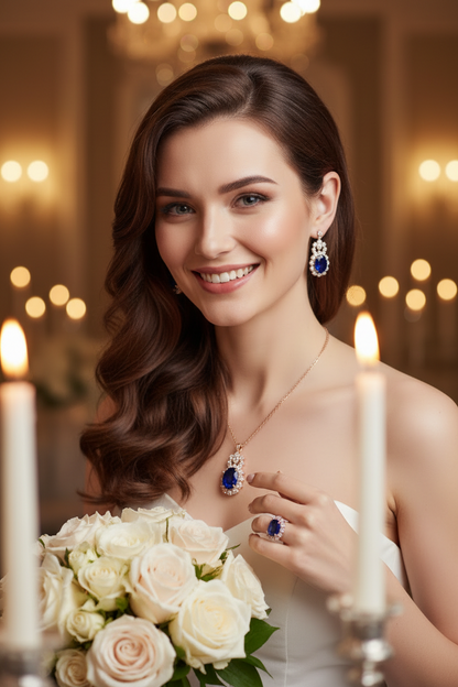 Water-drop crystal jewelry set with blue teardrop pendant and drop earrings