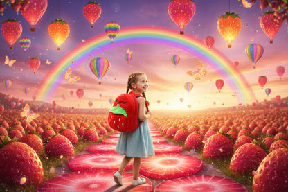 Red plush strawberry schoolbag with green leaf top and front zipper pouch