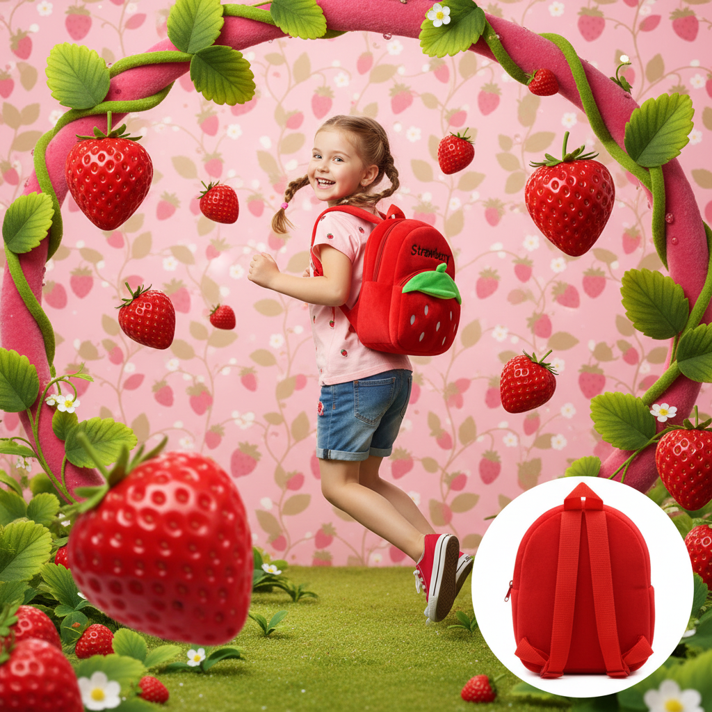Plush toy schoolbag, red strawberry backpack with small side pockets and adjustable straps