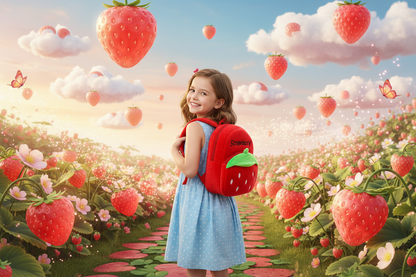 Red plush strawberry-themed schoolbag with green leaf cap top and front pouch