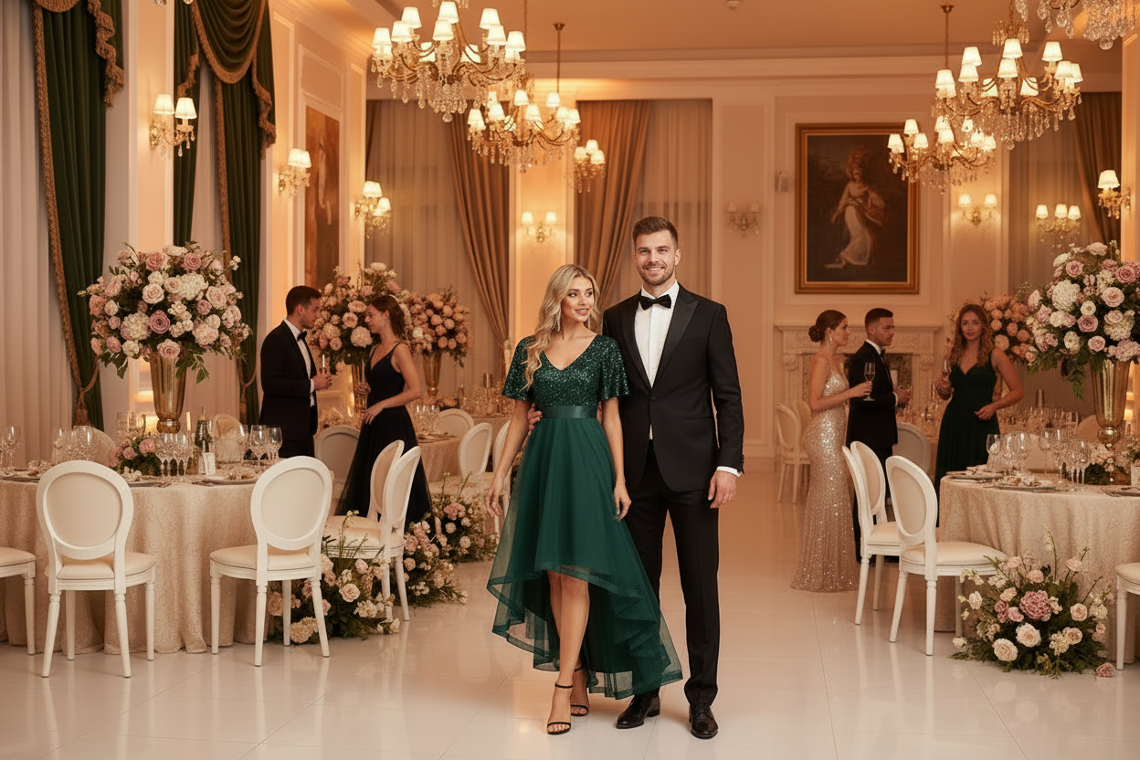 Women’s dark green ruffled long dress with short sleeves and flowing asymmetrical skirt