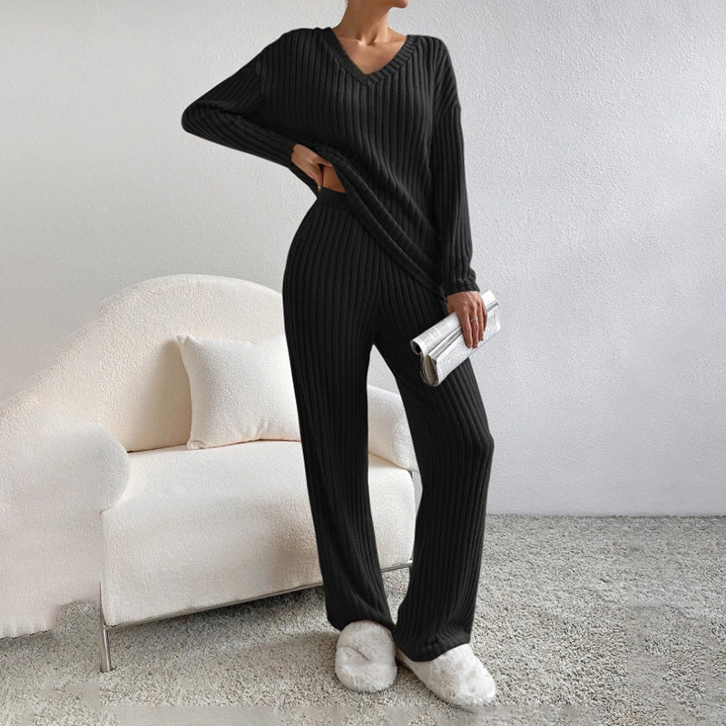Women's 2-Piece Set Solid Color V-Neck Long Sleeve Top & Straight Leg Pants, Ribbed Texture Outfit