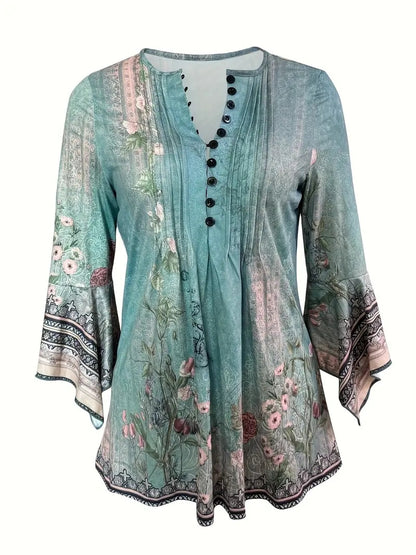 Spring Summer New Printed Studded T-shirt Irregular Three-quarter Sleeve Top