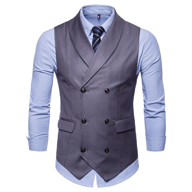 Men's double-breasted slim fit vest, grey with notched lapels and dark front buttons