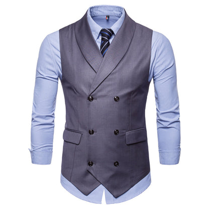 Men's double-breasted slim fit vest, grey with notched lapels and dark front buttons