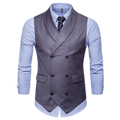 Men's double-breasted slim fit vest, grey with notched lapels and dark front buttons