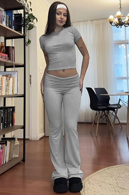Casual Solid Color Slim Fit Two-piece Set, Short Sleeved Round Neck T-shirt And Tight Flared Sports Pants