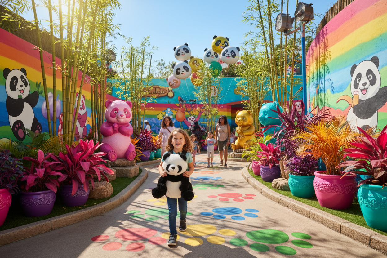 Plush panda backpack worn by child, featuring panda face and black adjustable straps.