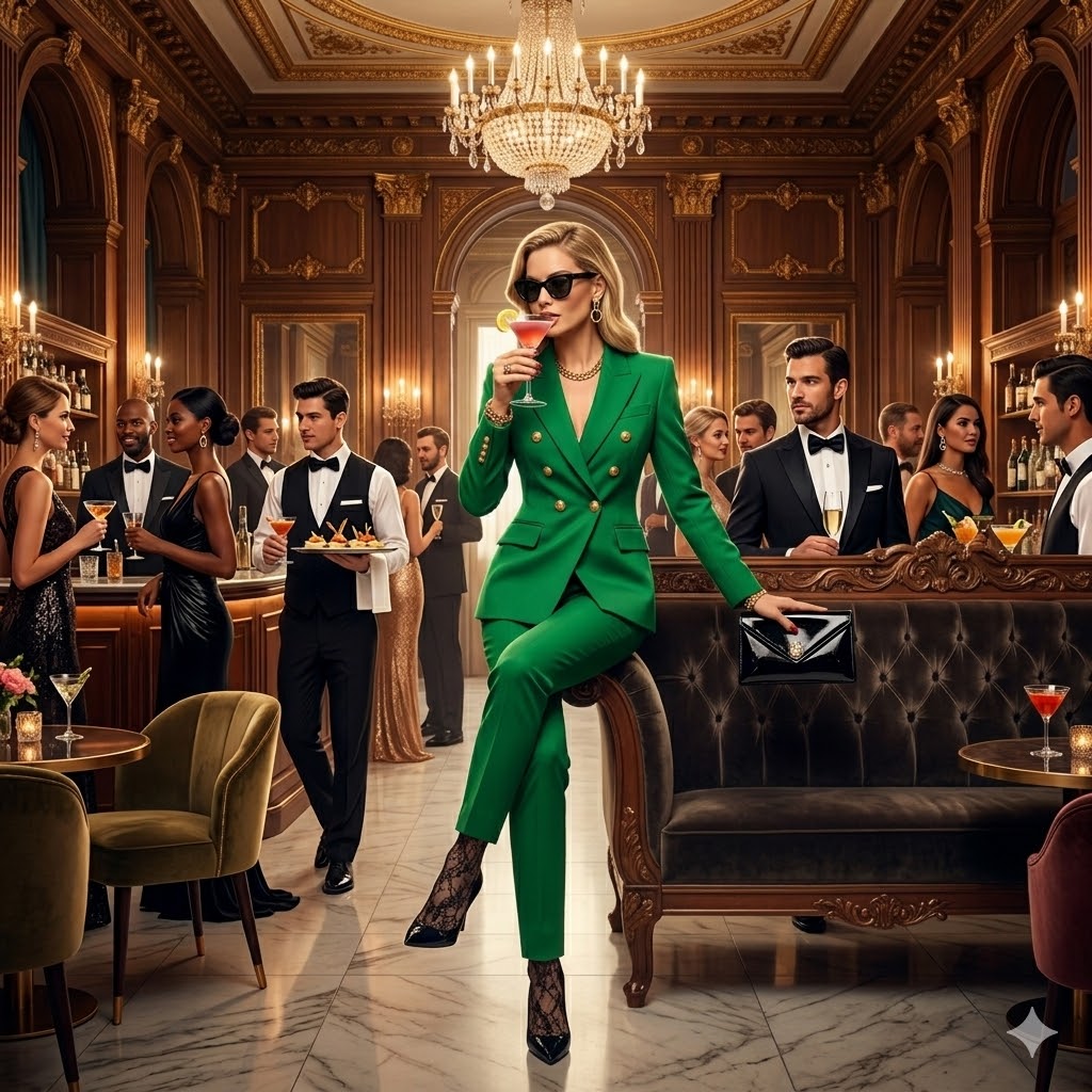 Green women's suit blazer with lapels and matching slim trousers, holding clutch.
