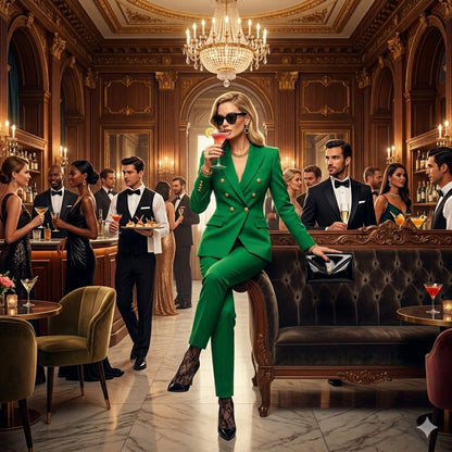 Green women's suit blazer with lapels and matching slim trousers, holding clutch.
