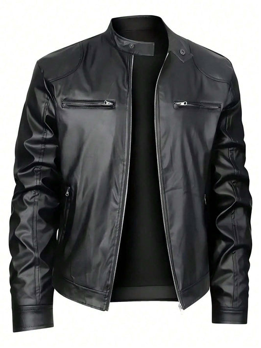 Men's Stand-up Collar Leather Jacket Business Casual Jacket