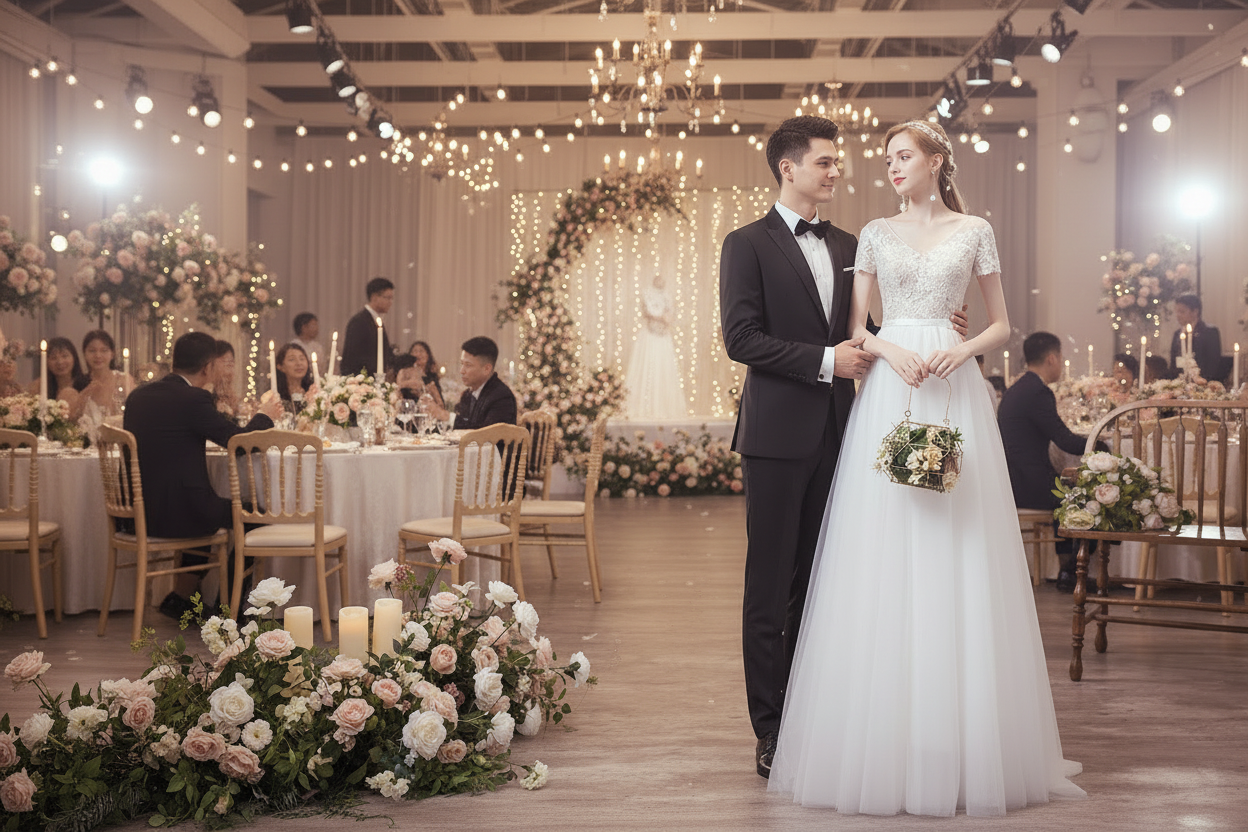 White bridal gown with lace short sleeves, A-line skirt, small train hem, holding bouquet