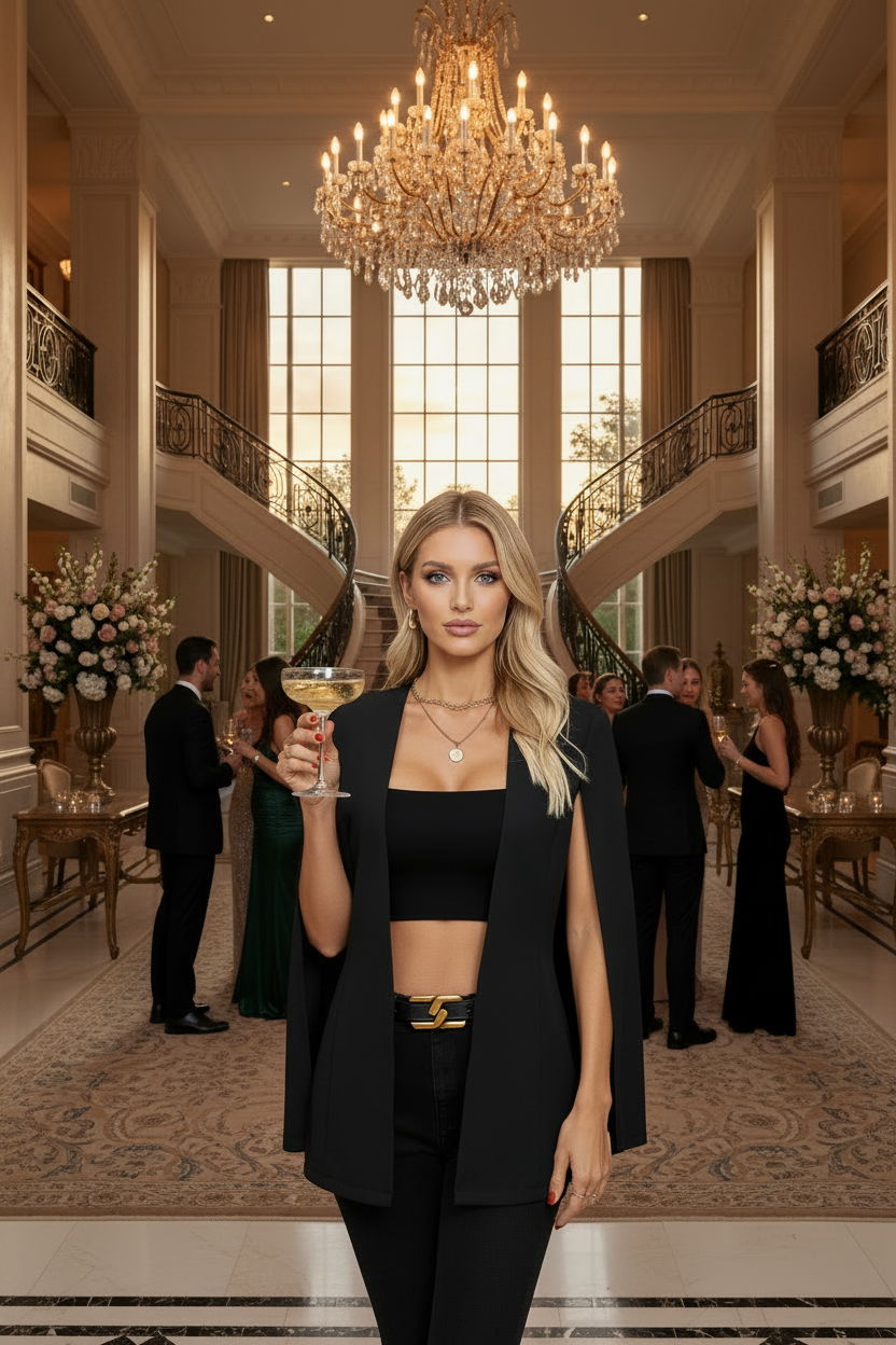 Black blazer-style suit jacket with open front and long sleeves, centered view
