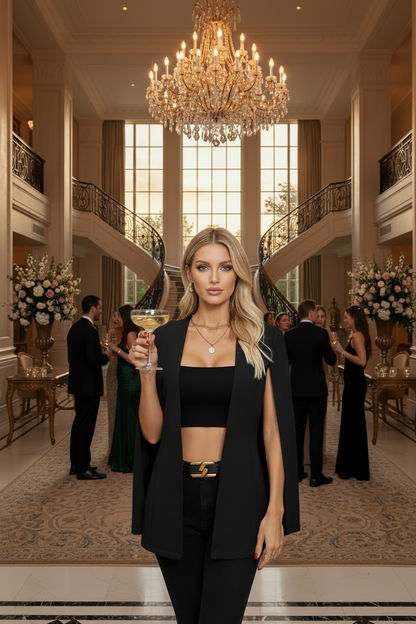 Black blazer-style suit jacket with open front and long sleeves, centered view