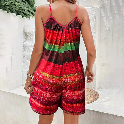Women's Summer Casual Print Sleeveless Rompers Loose Spaghetti Strap Shorts Jumpsuit With Pockets