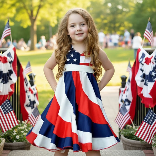 Toddler Girls' Independence Day Dress Red White & Blue Stripes And Stars Short Sleeve Twirl Dress 4th Of July