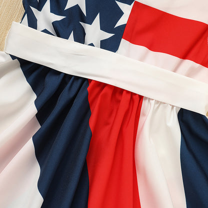 Toddler Girls' Independence Day Dress Red White & Blue Stripes And Stars Short Sleeve Twirl Dress 4th Of July