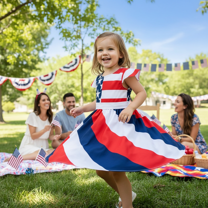 Toddler Girls' Independence Day Dress Red White & Blue Stripes And Stars Short Sleeve Twirl Dress 4th Of July