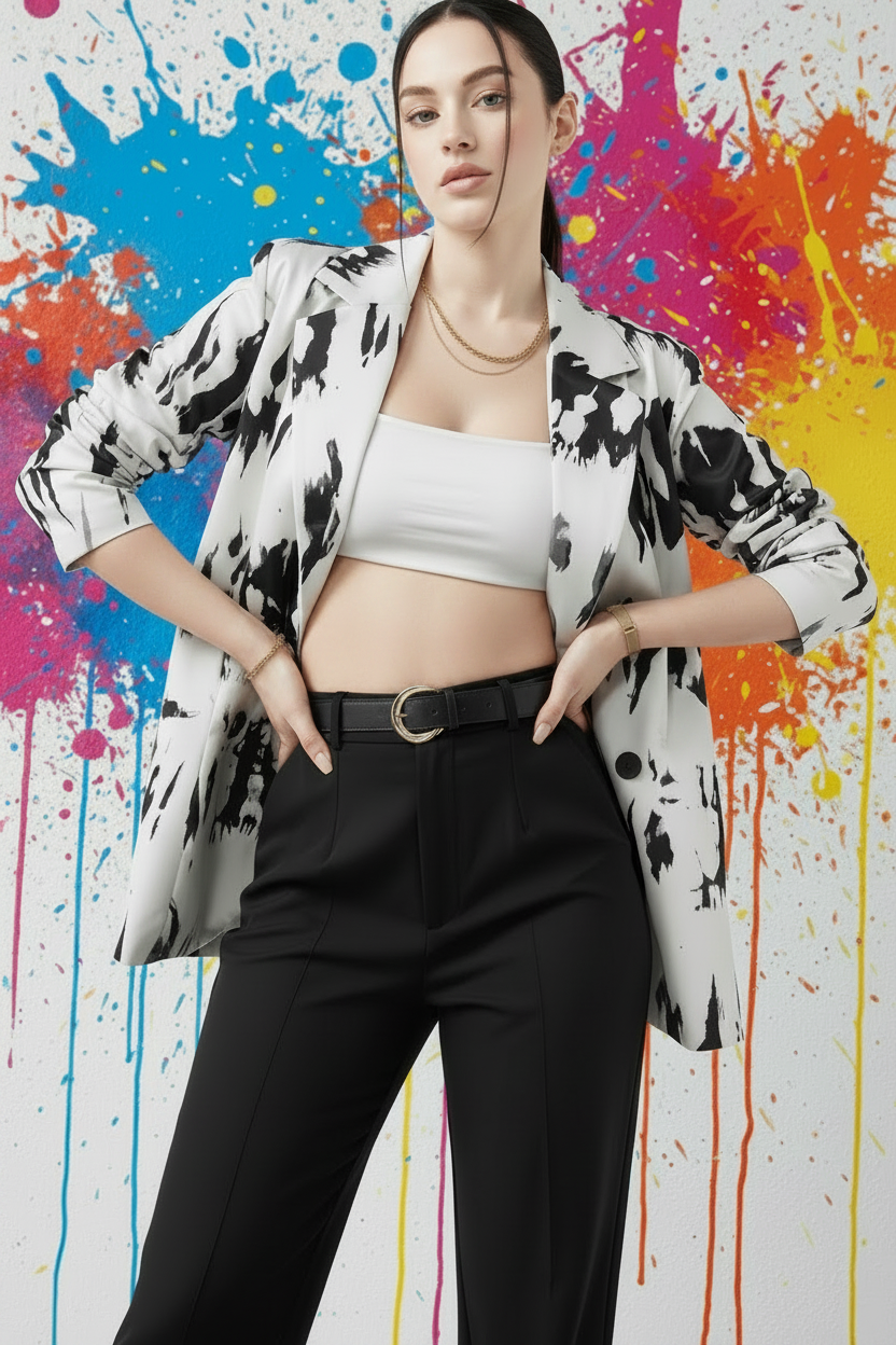 Women’s single-breasted suit jacket in white with black splatter pattern, long sleeves