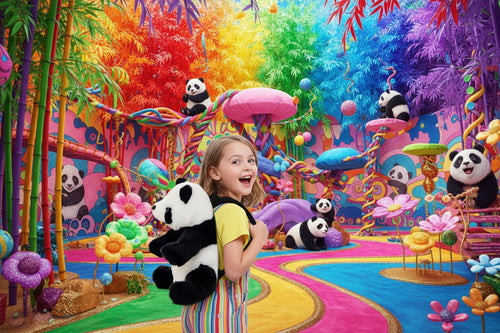 Plush panda backpack with black-and-white face and arms, plus black shoulder straps.