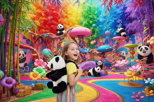 Plush panda backpack with black-and-white face and arms, plus black shoulder straps.