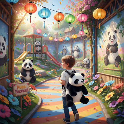 Panda plush backpack carried on back with rounded panda head and black shoulder straps.