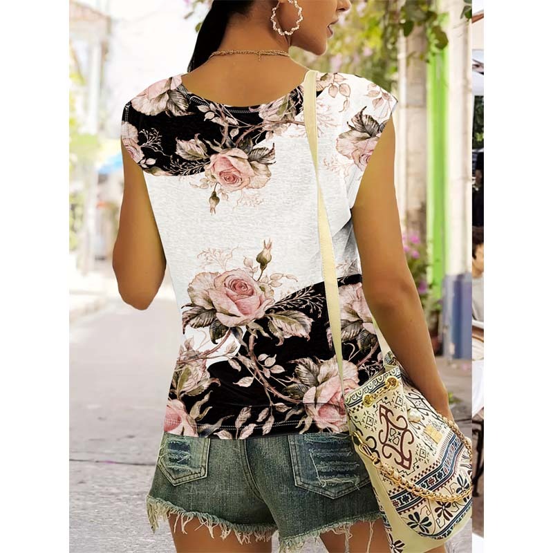 Women's Floral Print V Neck Short Sleeve T-Shirt Vacation Summer Top For Holiday & Travel