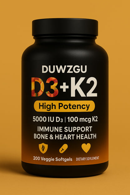 Front view D3 + K2 high potency softgel vitamin supplement bottle with 200 veggie softgels