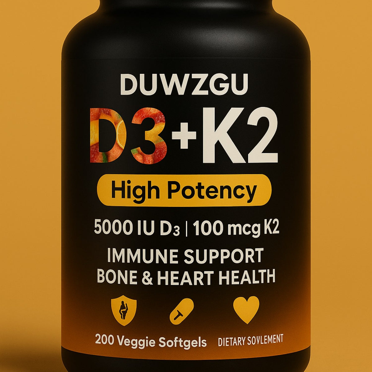 Softgel vitamin supplement bottle, D3 + K2 high potency label, 200 veggie softgels