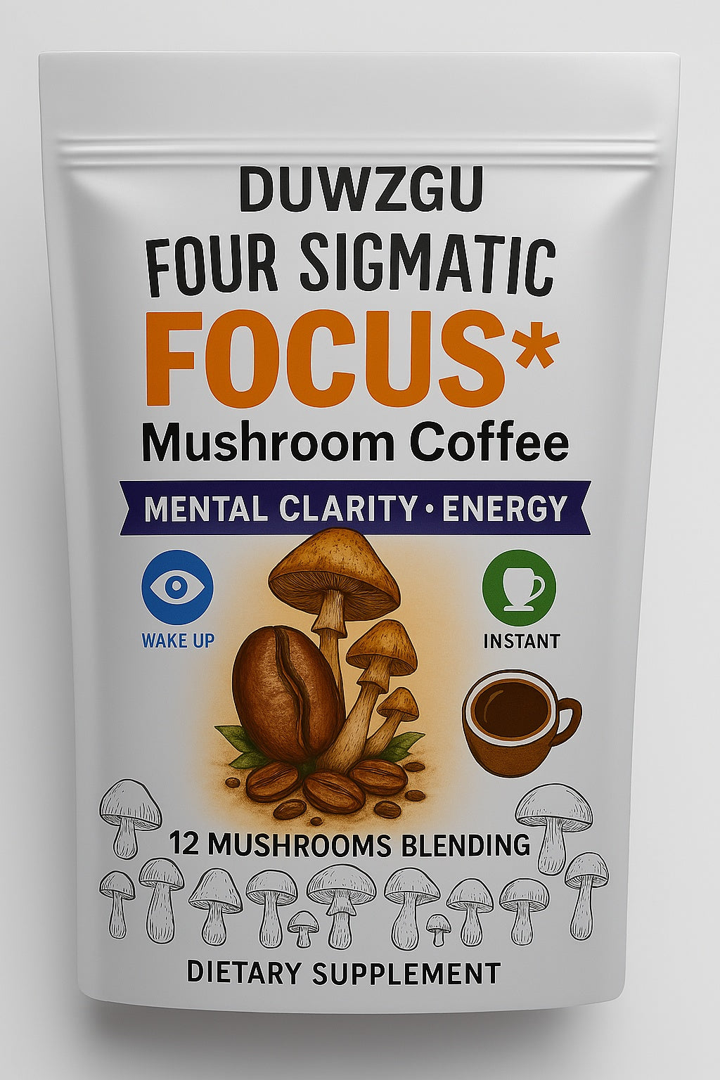 Mushroom-coffee supplement pouch showing mental clarity & energy, instant coffee cup icon
