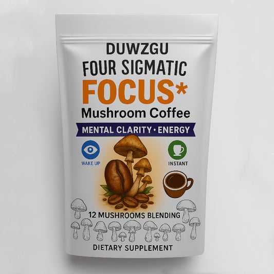 Mushroom-coffee dietary supplement pouch with DUWZGU FOUR SIGMATIC FOCUS* label and icons