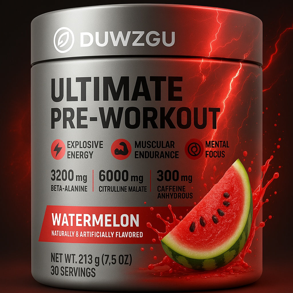 DUWZGU Ultimate pre-workout caffeine powder tub, watermelon flavor label with slice
