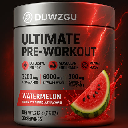 DUWZGU Ultimate pre-workout caffeine powder tub, watermelon flavor label with slice