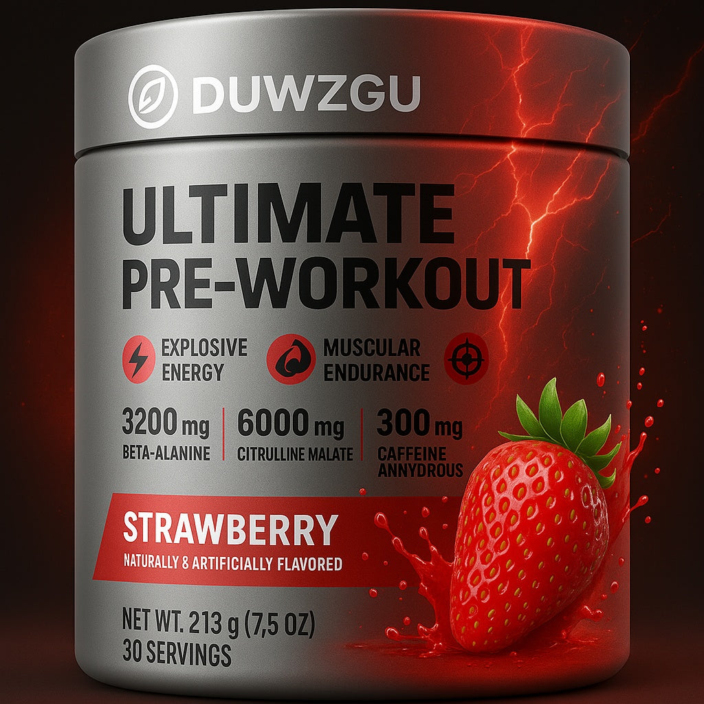 DUWZGU Ultimate pre-workout supplement tub, strawberry flavor label