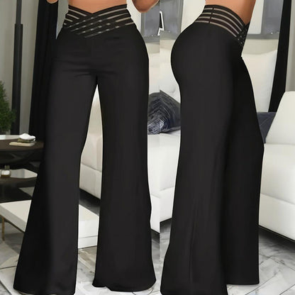 Women's Transparent Mesh Patchwork High Waist Pants With Elegant Cross Detail, Solid Color Fashion Trousers