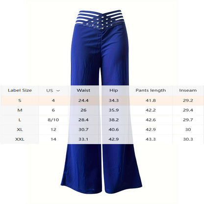 Women's Transparent Mesh Patchwork High Waist Pants With Elegant Cross Detail, Solid Color Fashion Trousers