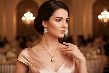 Gold-tone necklace with round-cut drop pendant, matching earrings, and ring