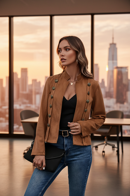 Dark khaki faux suede blazer with gold button accents and open front