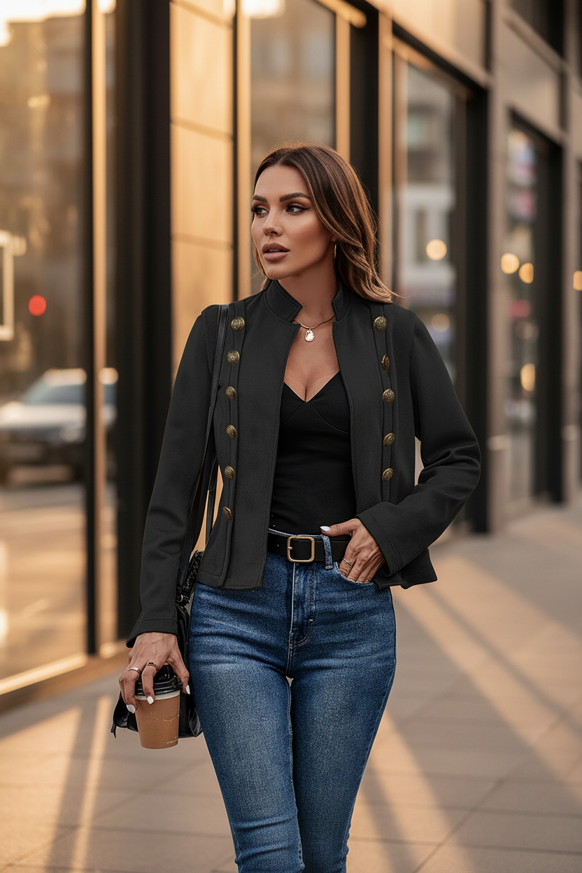 Black faux suede blazer with gold buttons and open front, long sleeves
