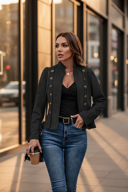 Black faux suede blazer with gold buttons and open front, long sleeves