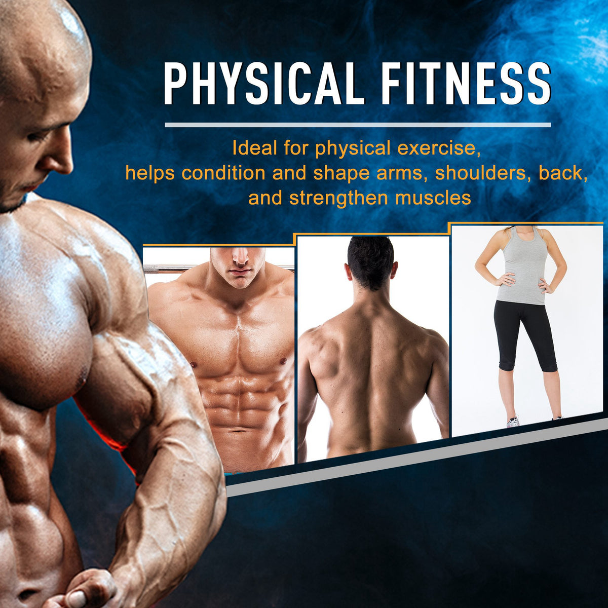 Workout promotion image showing people exercising with adjustable dumbbell-style weights