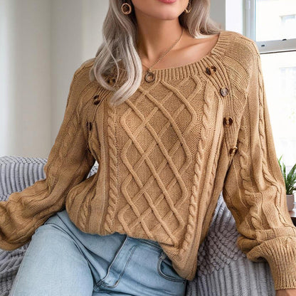 Women's Solid Color Casual Square Neck Button-Detail Knit Top - Textured Ribbed Pattern