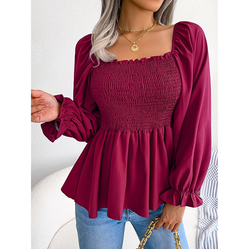 Women's Peplum Tops Square Neck Ruffle Trim Long Sleeve Blouse Smocked Top Dressy Casual Shirts