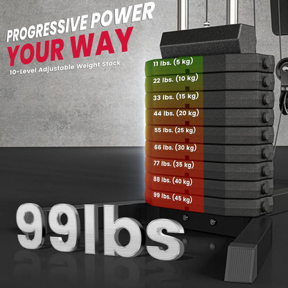 Black adjustable weight stack home gym station with 99 lb total weight