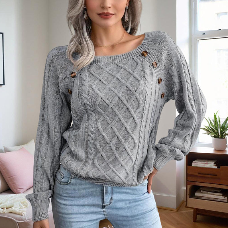 Women's Solid Color Casual Square Neck Button-Detail Knit Top - Textured Ribbed Pattern
