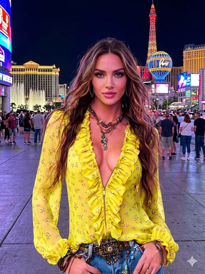 Ruffled fashion top in yellow with deep V neckline and ruffled front